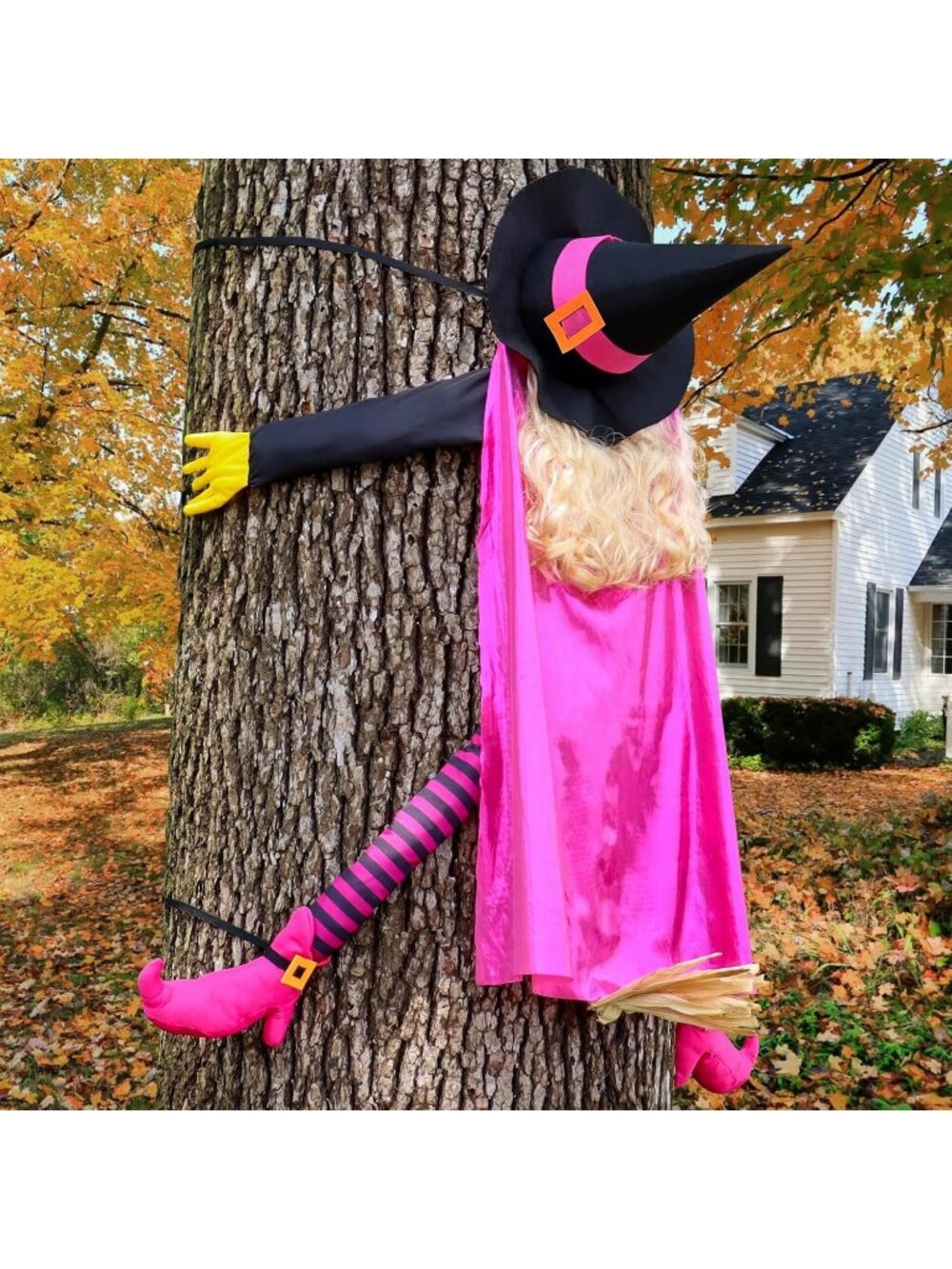 53" Pink Crashing Witch into Tree Halloween Decor Crashing Witch with Gold Hair